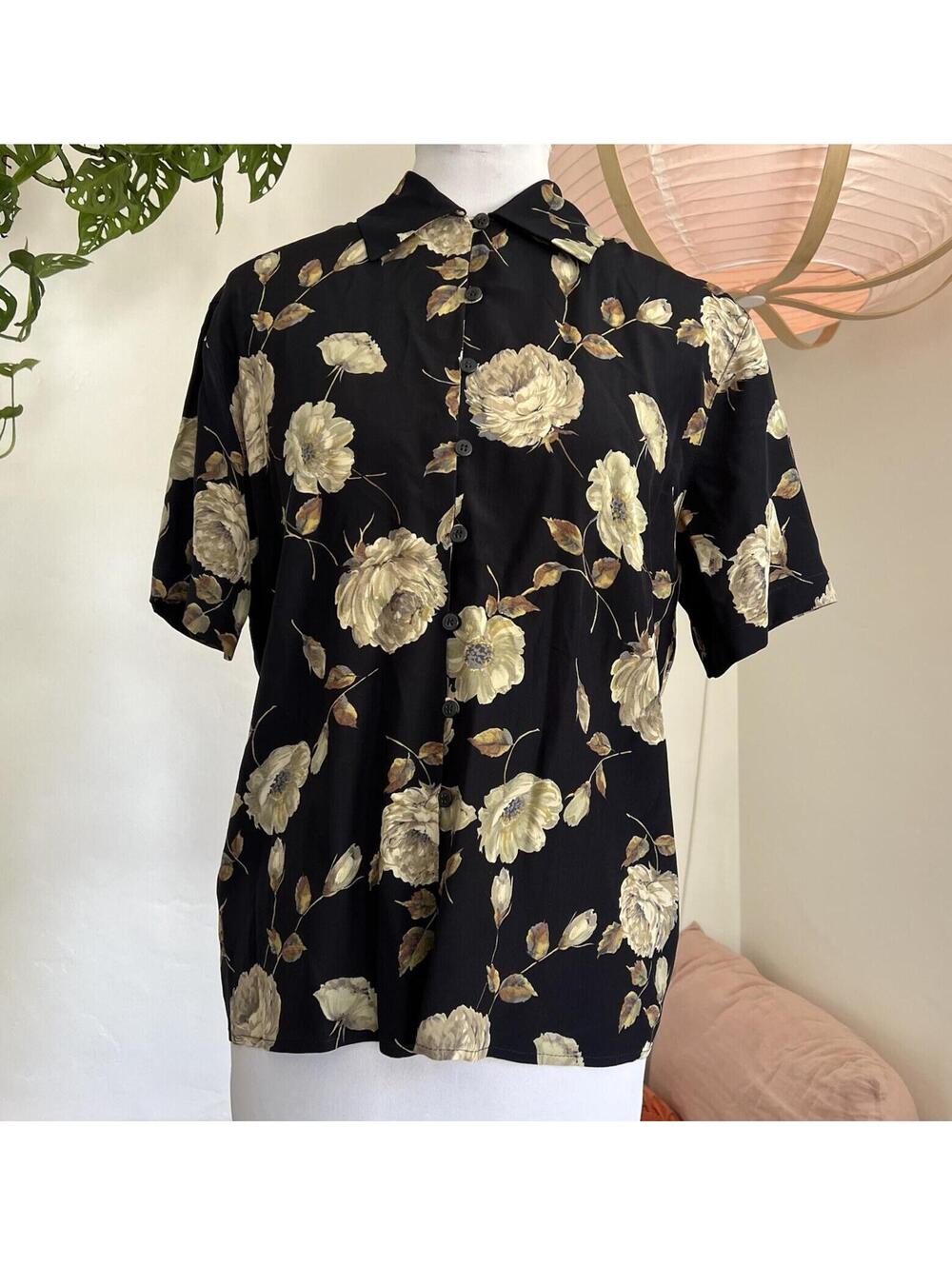 Jones New York 100% Silk Floral Blouse 6 Vintage Black Yellow Rose Button Up